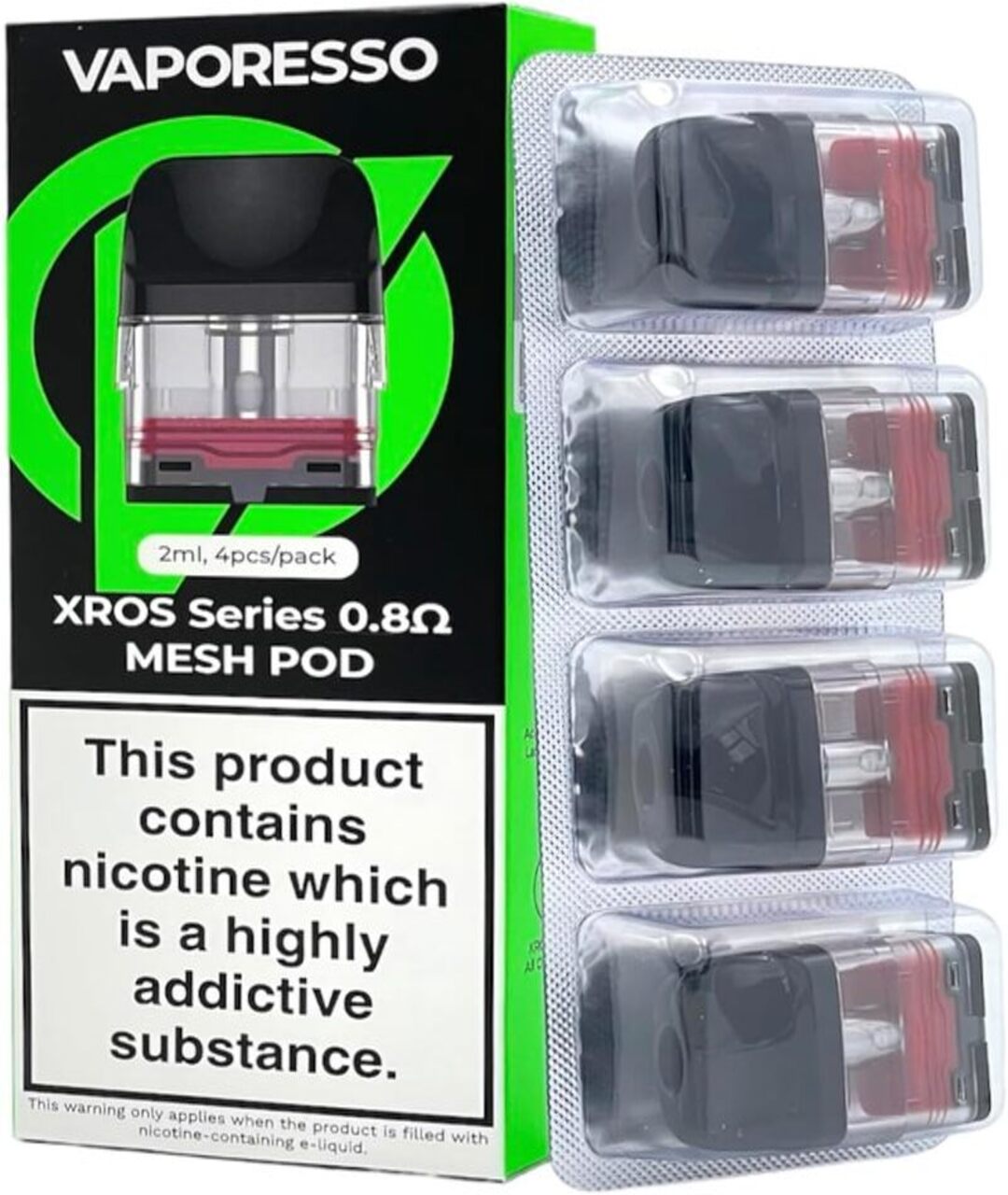 Packaging for Vaporesso Xros Pods - 4 Pack, designed for MTL vaping, featuring four pods with different transparent and black color caps. Warning about nicotine content.