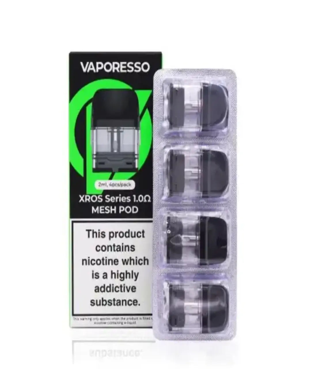 Packaging of Vaporesso Xros Pods - 4 Pack for MTL vaping, featuring three visible pod cartridges next to their box, which warns that the product contains nicotine.