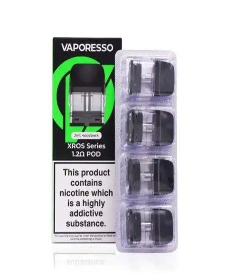 Packaging of Vaporesso Xros Pods - 4 Pack, displaying four refillable pods next to the box, which has a warning about nicotine content.