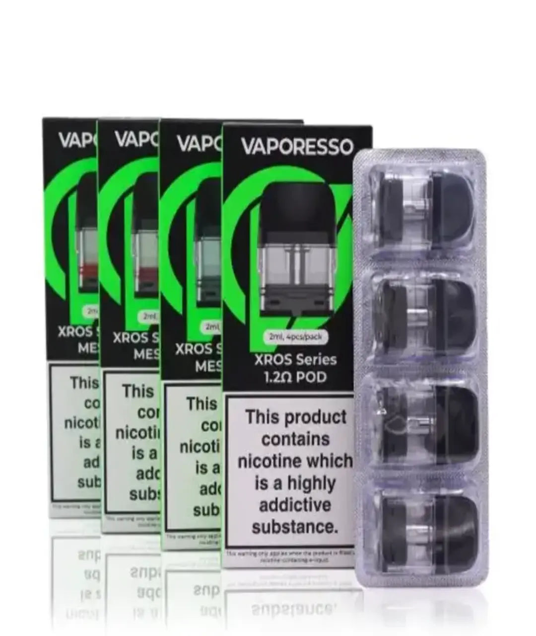 Four boxes of Vaporesso Xros Pods - 4 Pack displayed in front of their packaging, highlighting the product and its warning about containing nicotine, an addictive substance. These pods are designed for MTL vaping.