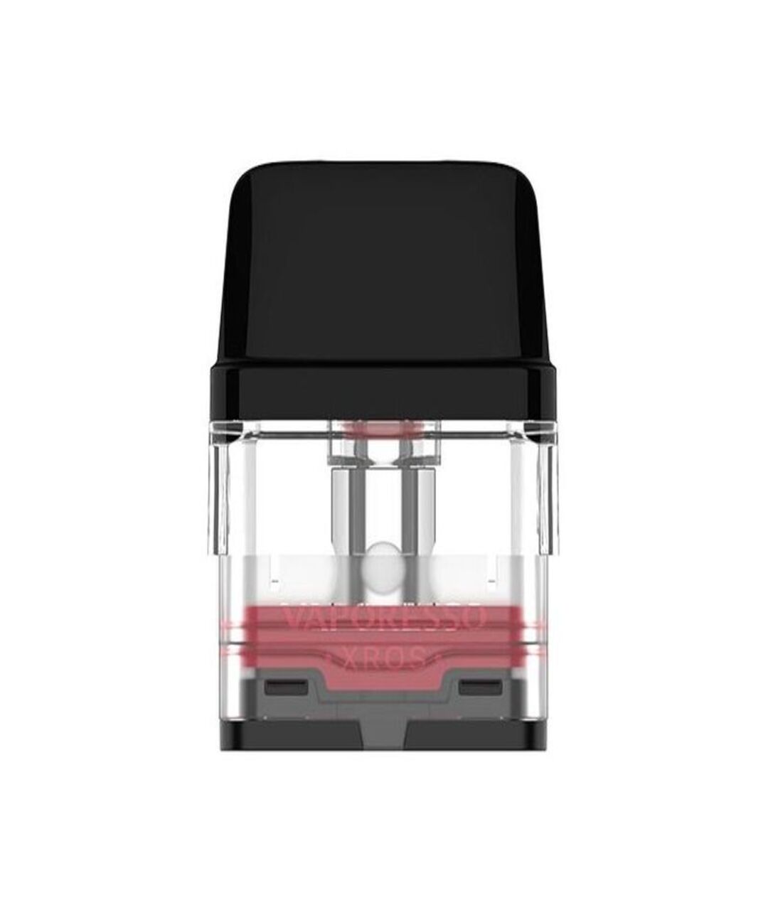 Vaporesso Xros Pods with clear tank and black mouthpiece, designed for MTL vaping, showing internal coil and wick, isolated on a white background.